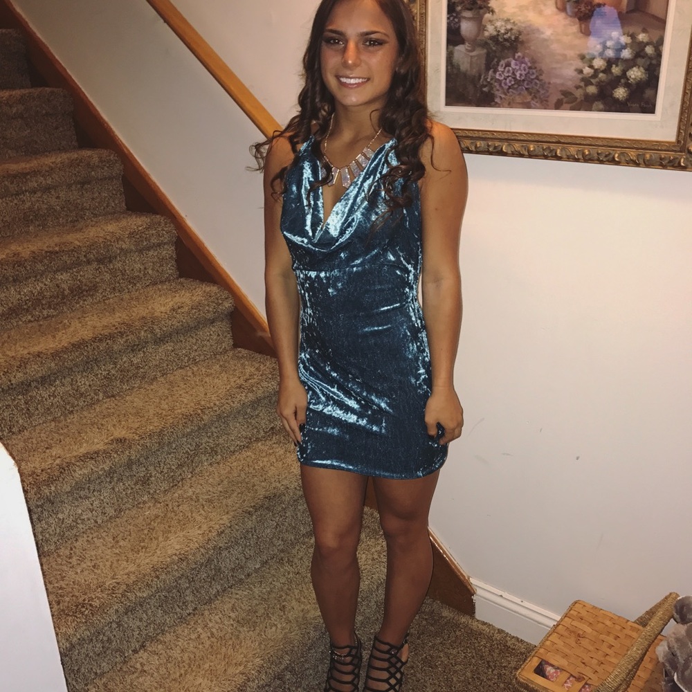 Blue velvet mini dress